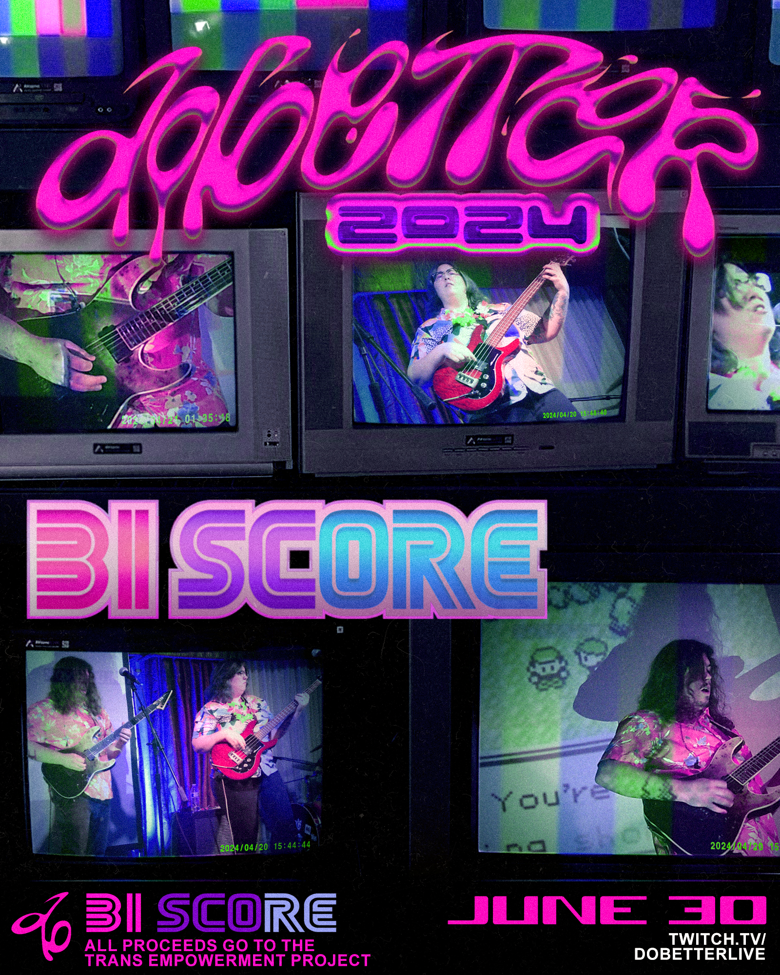 A pile of old CRTs laying around with images of a badass band on them… that band is Bi Score