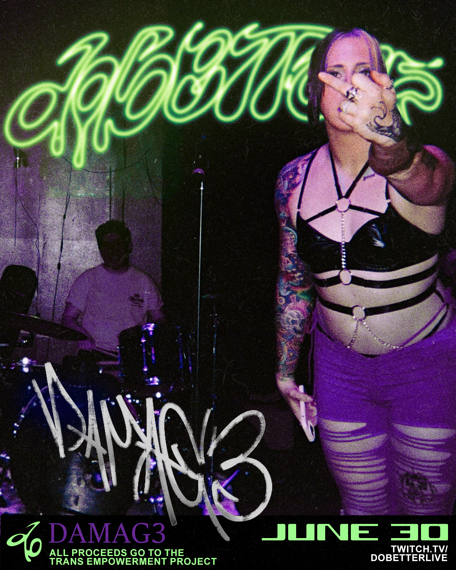 A very cool-looking woman in a bra and some purple pants is flipping off the camera... That's DAMAG3, and she's great at rapping