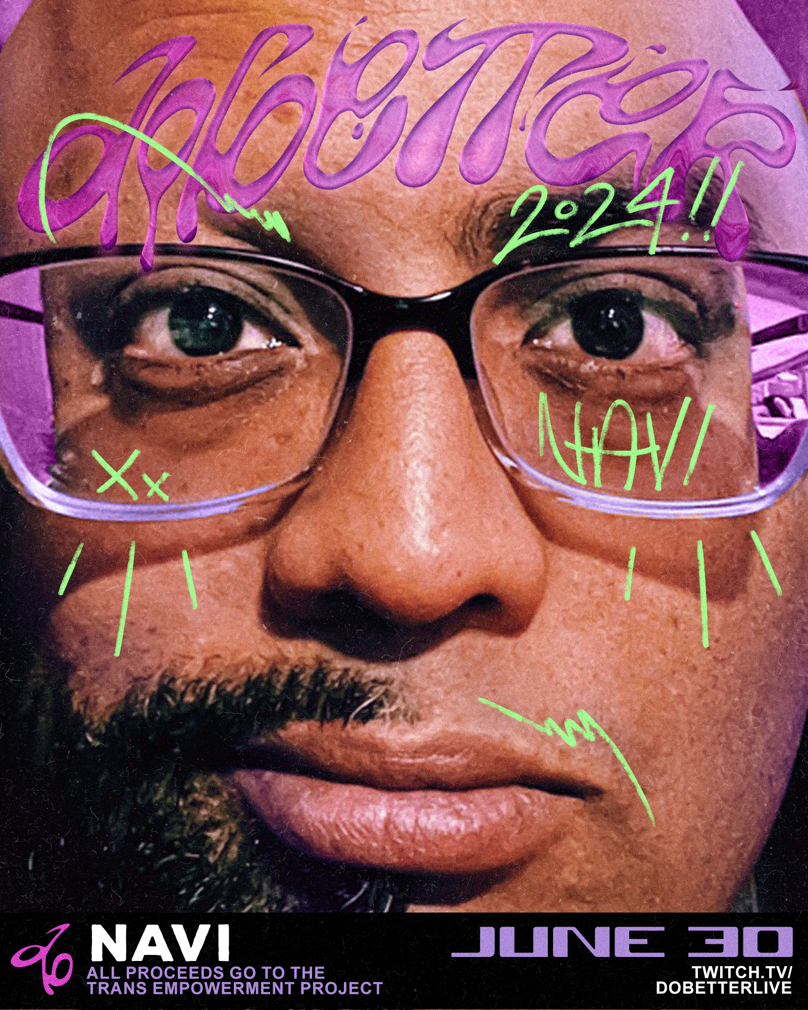 A closeup! A nonbinary musician with one eyebrow and the left half of a mustache/beard combo. Navi's gonna play some songs!