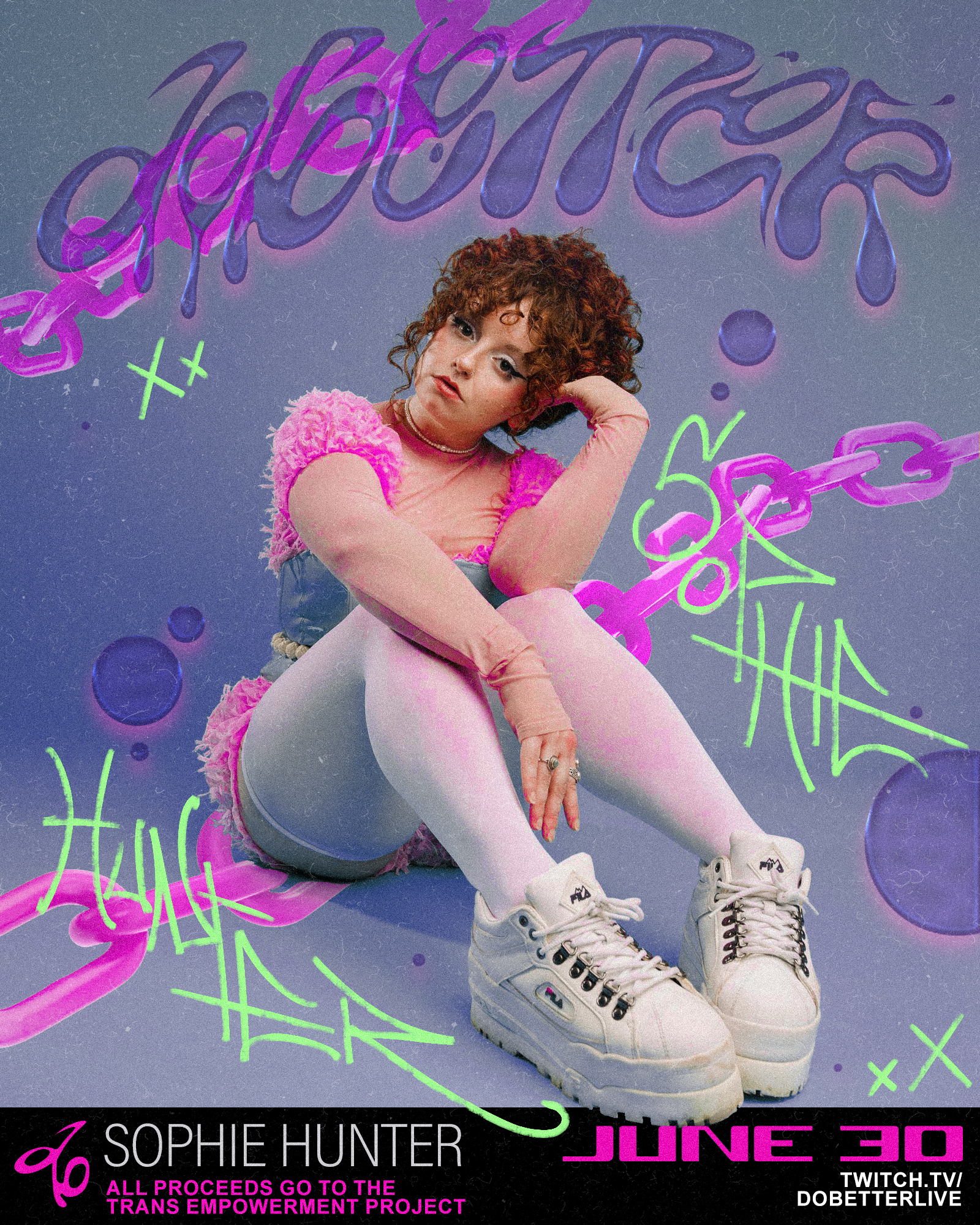 She's sitting down in blueish purple world with her elbow propped on her knee and her head propped on her hand... That's Sophie Hunter, and she's gonna rap