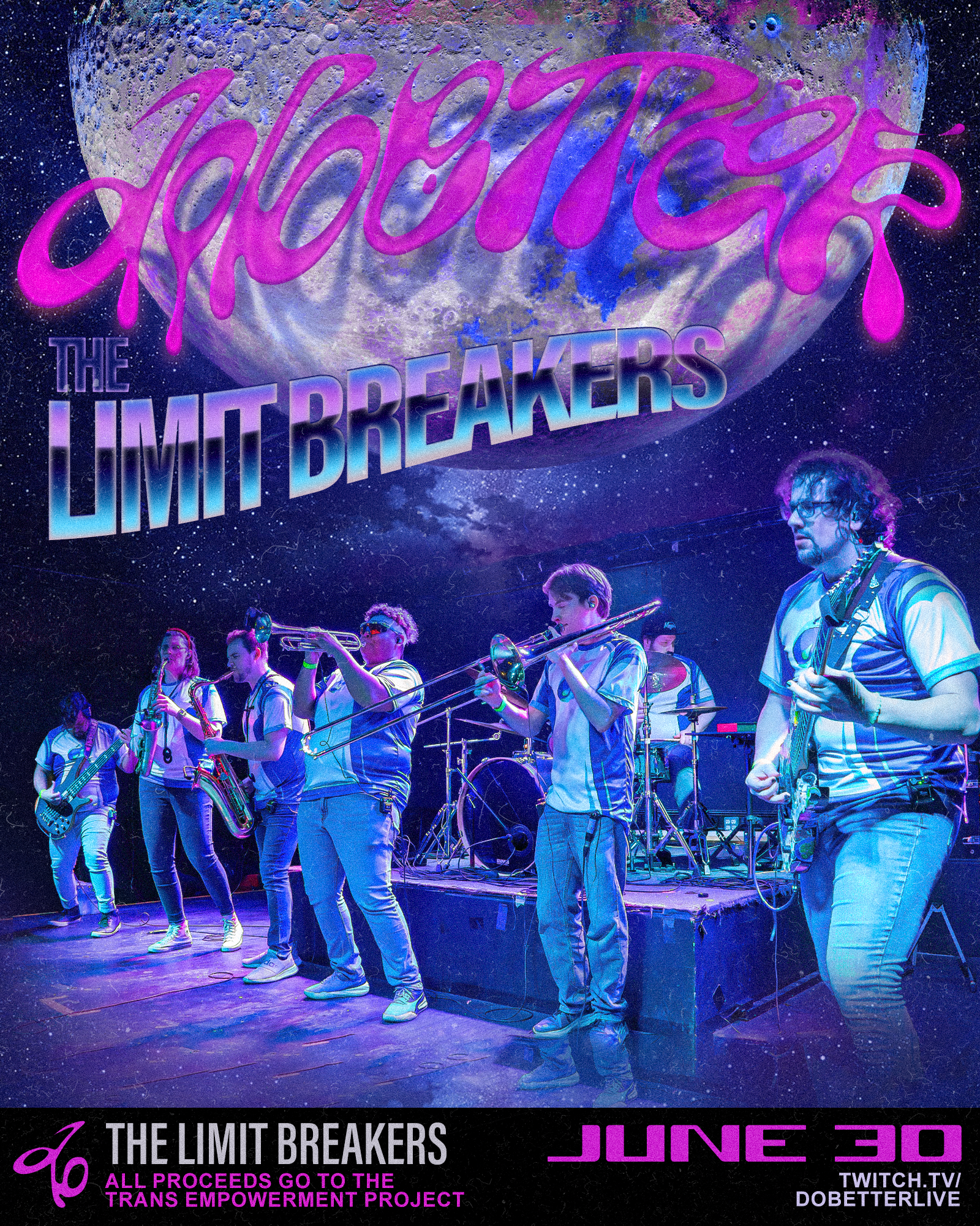 By the light of the moon, a fusion rock band plays... Seven players are visible; a guitarist, a bassist, two saxophoners, a trumpeteer, a trombonist, and a drummer... These are The Limit Breakers, and now there are eight of them