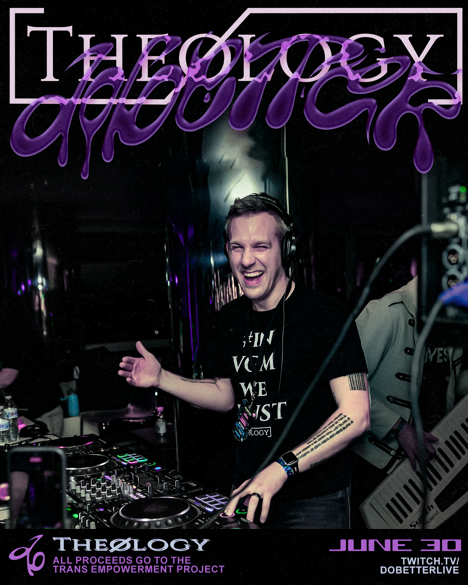 A white boy is seen getting silly at a DJ controller, wearing his trusty "In VGM We Trust' t-shirt. That's Theology!